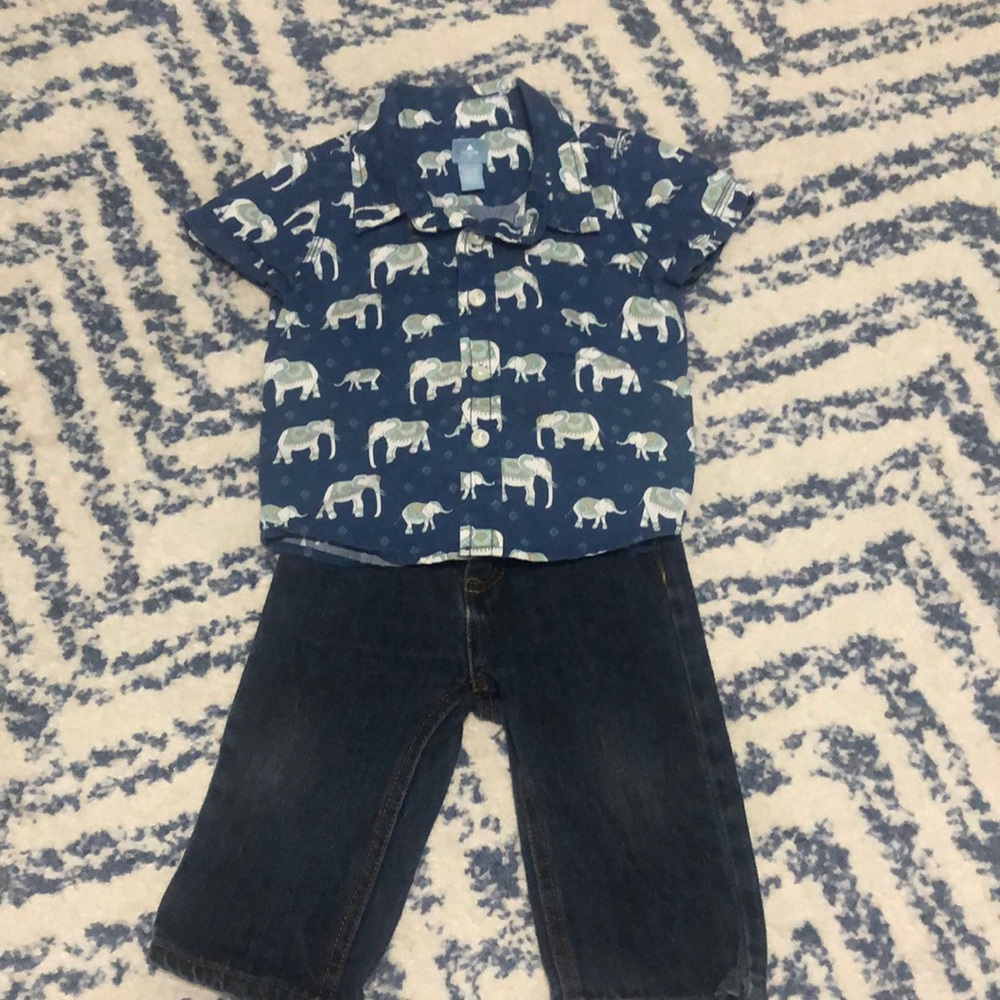 Elephant button down shirt and jeans outfit